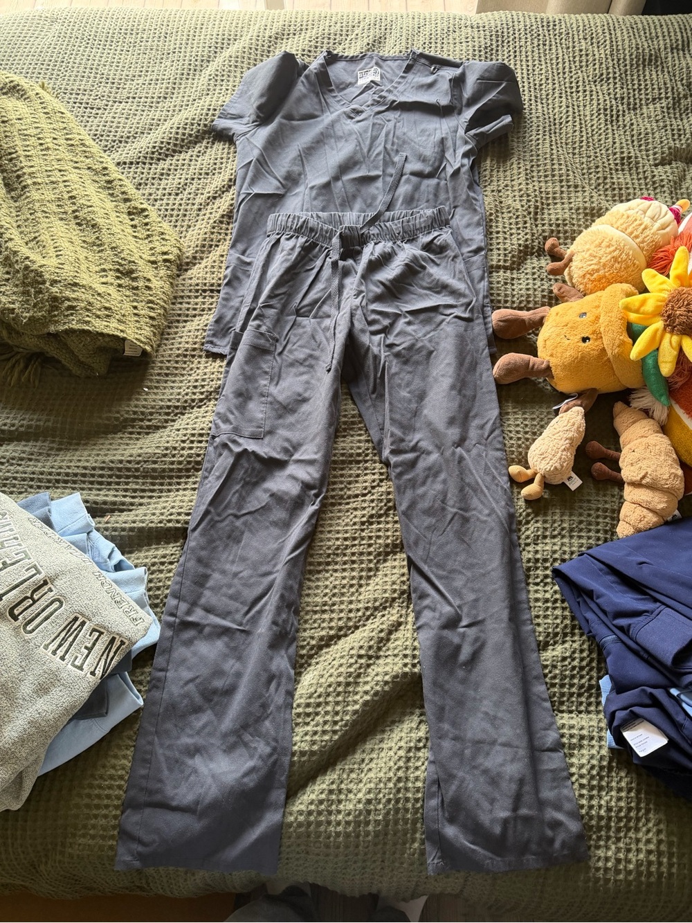 Solid Gray V-Neck Medical Scrub Top and Elastic-Waist Pants